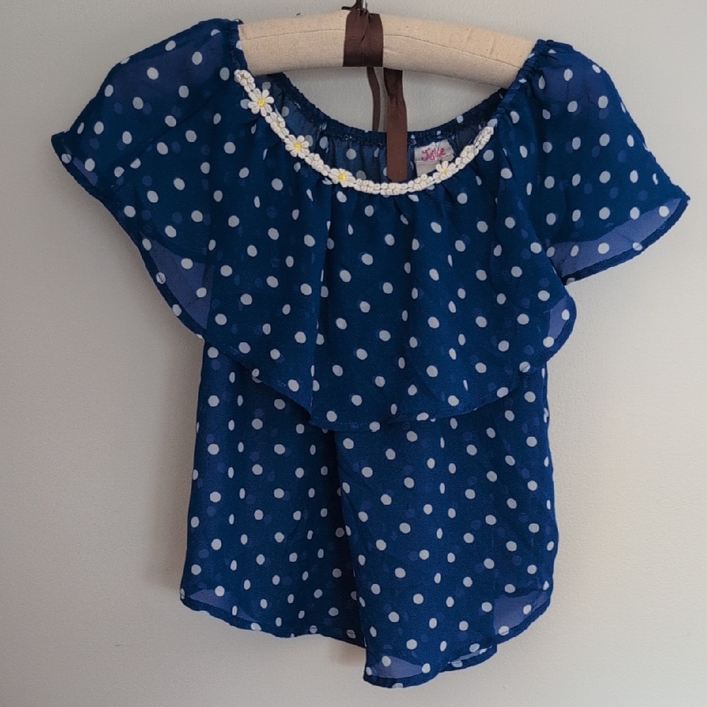 Justice Blue Top with White Dots and Floral Detail
